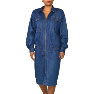 Vintage Depeche Mode Denim Jean Dress Blue New Wave Cocoon Midi Cotton Shirtdress Rigid Medium