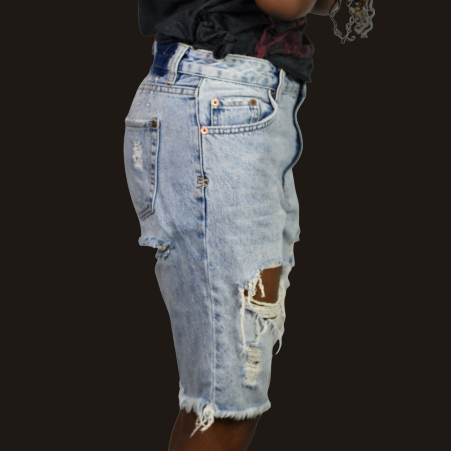 Ksubi Jean Shorts Light Blue Destroyed Heavy Distressed Denim Longline Mid Rise Cutoff Raw Hem Cotton 26
