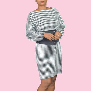 Tibi Gingham Dress Black Corset Belt Check Plaid Shift Long Sleeve Knee Length Size 6