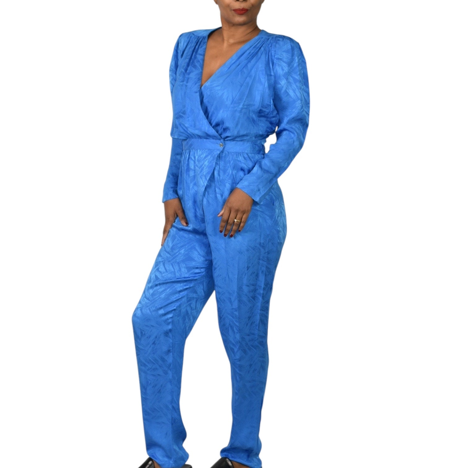 Nora Noh Silk Jumpsuit Blue Vintage Silky Shoulder Pads Tapered Boilersuit Jacquard Small