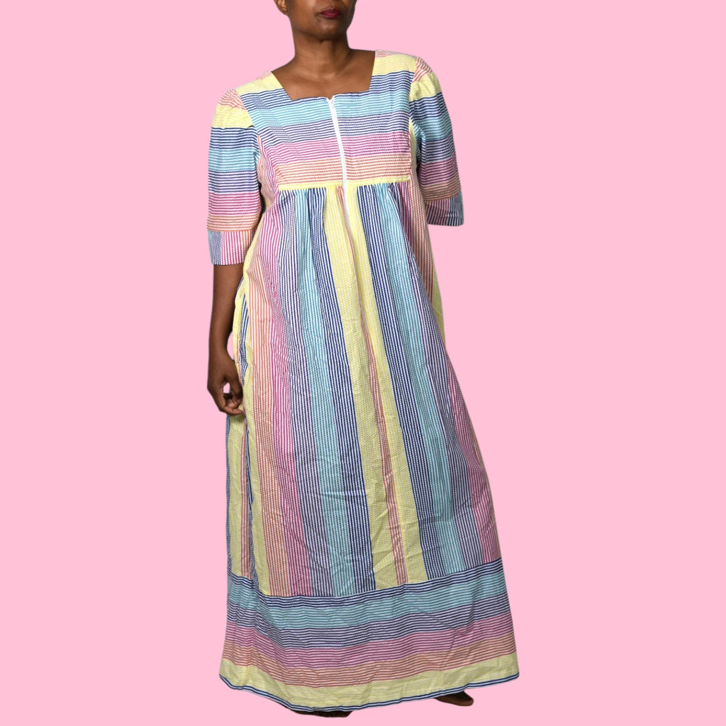 Vintage Saybury Rainbow Stripe Dress Pink Seersucker Sundress Long Patio House Sack Housecoat Muumuu Large