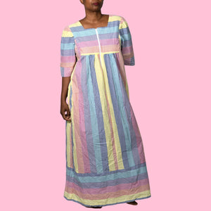 Vintage Saybury Rainbow Stripe Dress Pink Seersucker Sundress Long Patio House Sack Housecoat Muumuu Large