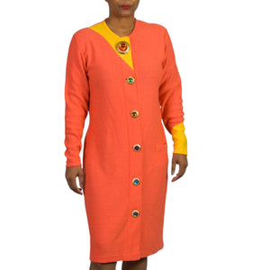 Vintage Steve Fabrikant Knit Dress Orange Color Block Button Front Jeweled Funky Medium