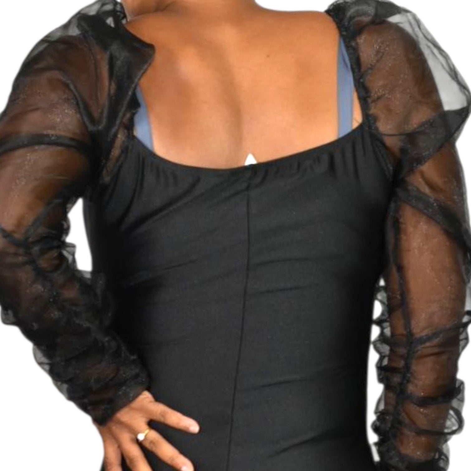 Lips Inc USA Jumpsuit Black Mesh Sheer Chiffon Puff Long Sleeve Bustier Bodysuit Small