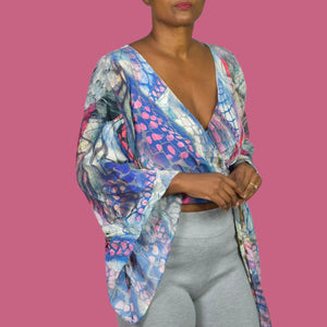 Leifsdottir Serpent Charmer Silk Blouse Top Blue Wrap Watercolor Print Kimono Sleeve Anthropologie 6