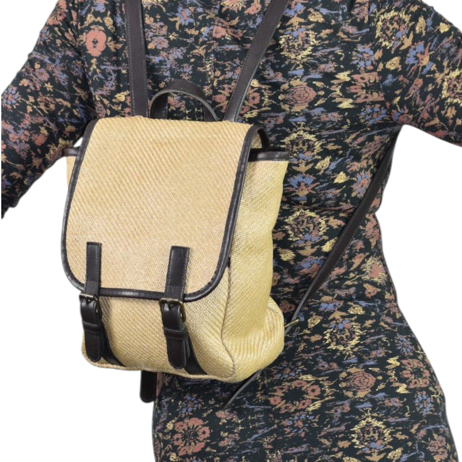 Gap Vintage Backpack Bag Tan Beige Straw Raffia Pockets 90s Y2K Rucksack Adjustable Retro Soft