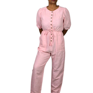 Madewell Cotton Jumpsuit Pink Puff Sleeve Short Sleeve Tie Waist Cuffed Tapered 6