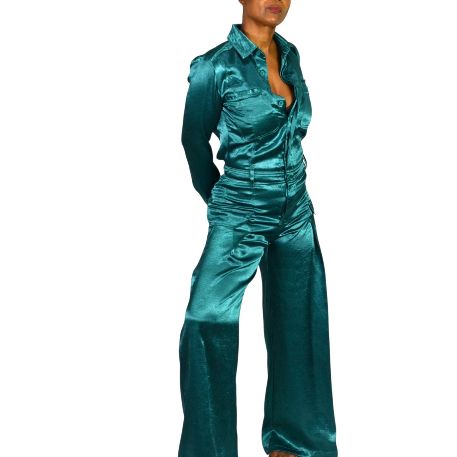 Free People Night Like This One Satin Jumpsuit Green Emerald Jewel Tone Silky Flare Wide Leg Cutout Utility XS