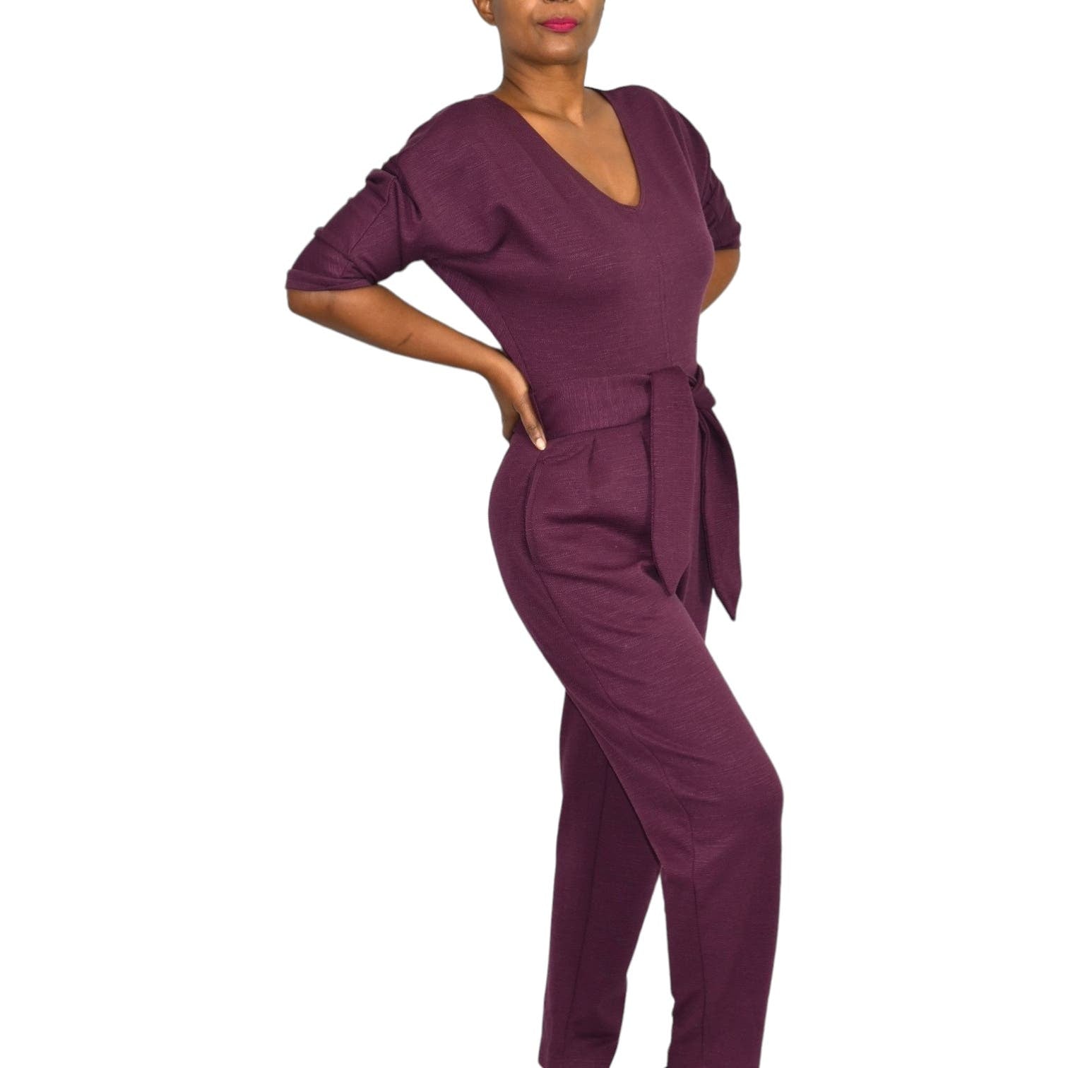 Anthropologie Sutton Jumpsuit Purple Plum Berry Ponte Knit Relaxed Belted Pants Size XS