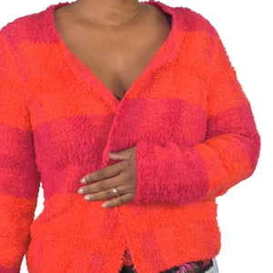 Marc Cain Boucle Sweater Jacket Pink Colorblock Furry Texture Pile Cardigan Wool Alpaca Open Size 6