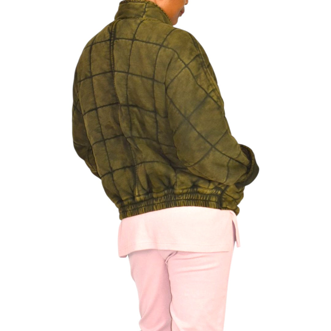 Free People Dolman Quilted Knit Jacket Green Olive Bomber Oversized Cotton Coat XS
