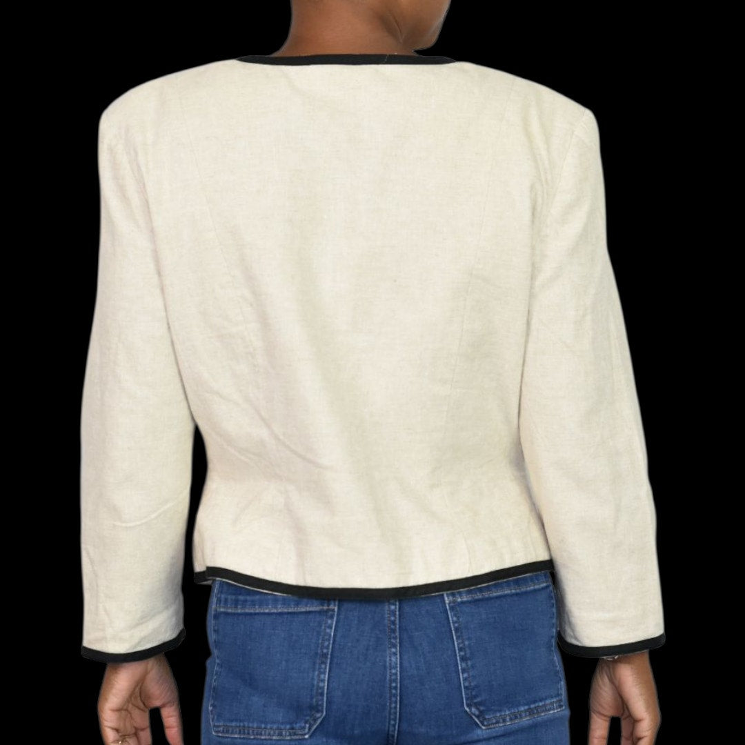 Vintage Althuser Linen Blend Blazer Jacket Beige Cropped Black Trim Tailored Shoulder Pads 10