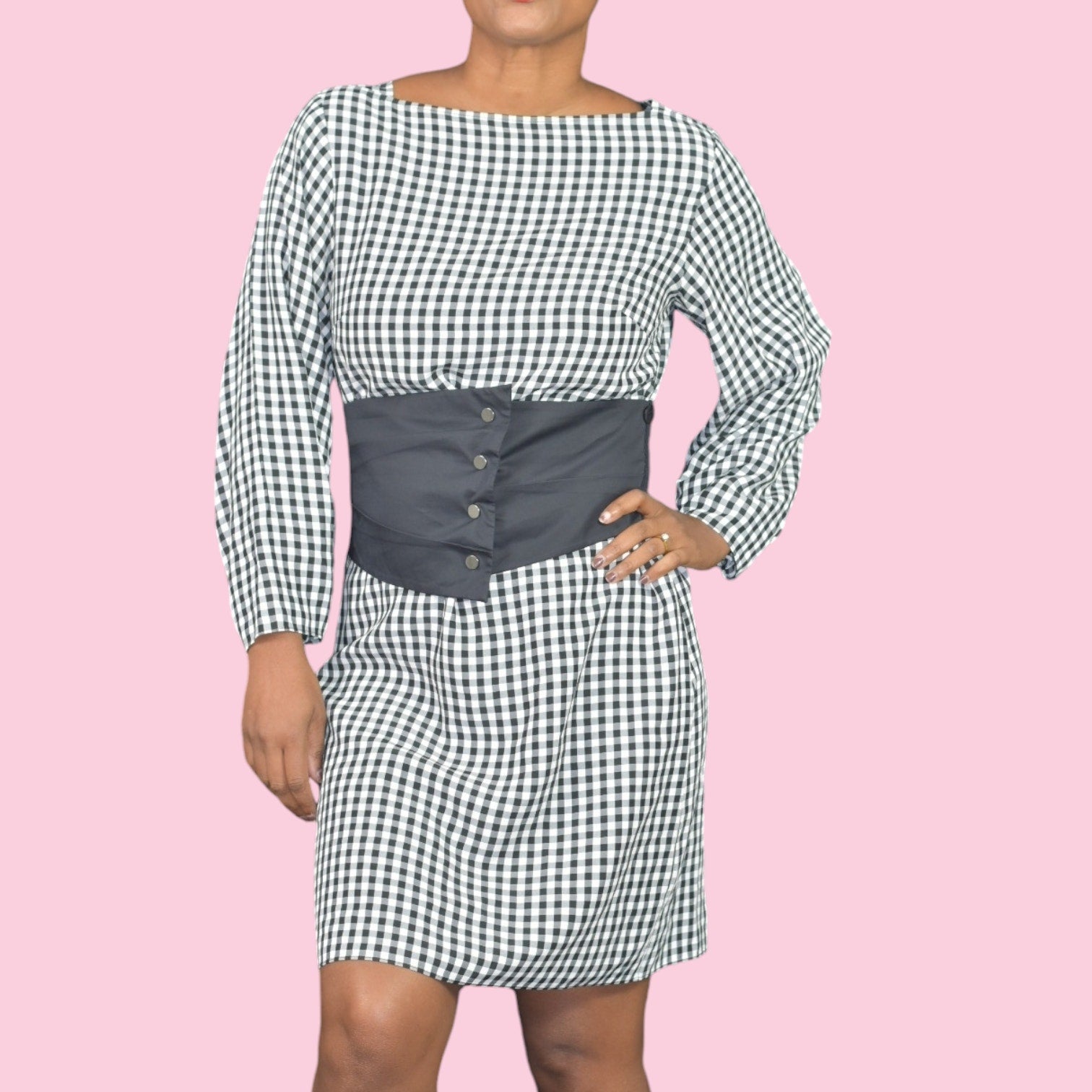 Tibi Gingham Dress Black Corset Belt Check Plaid Shift Long Sleeve Knee Length Size 6