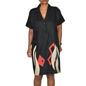 Vintage Andrea Jovine Linen Dress Black Print Abstract Embroidery Cocoon 10 Medium