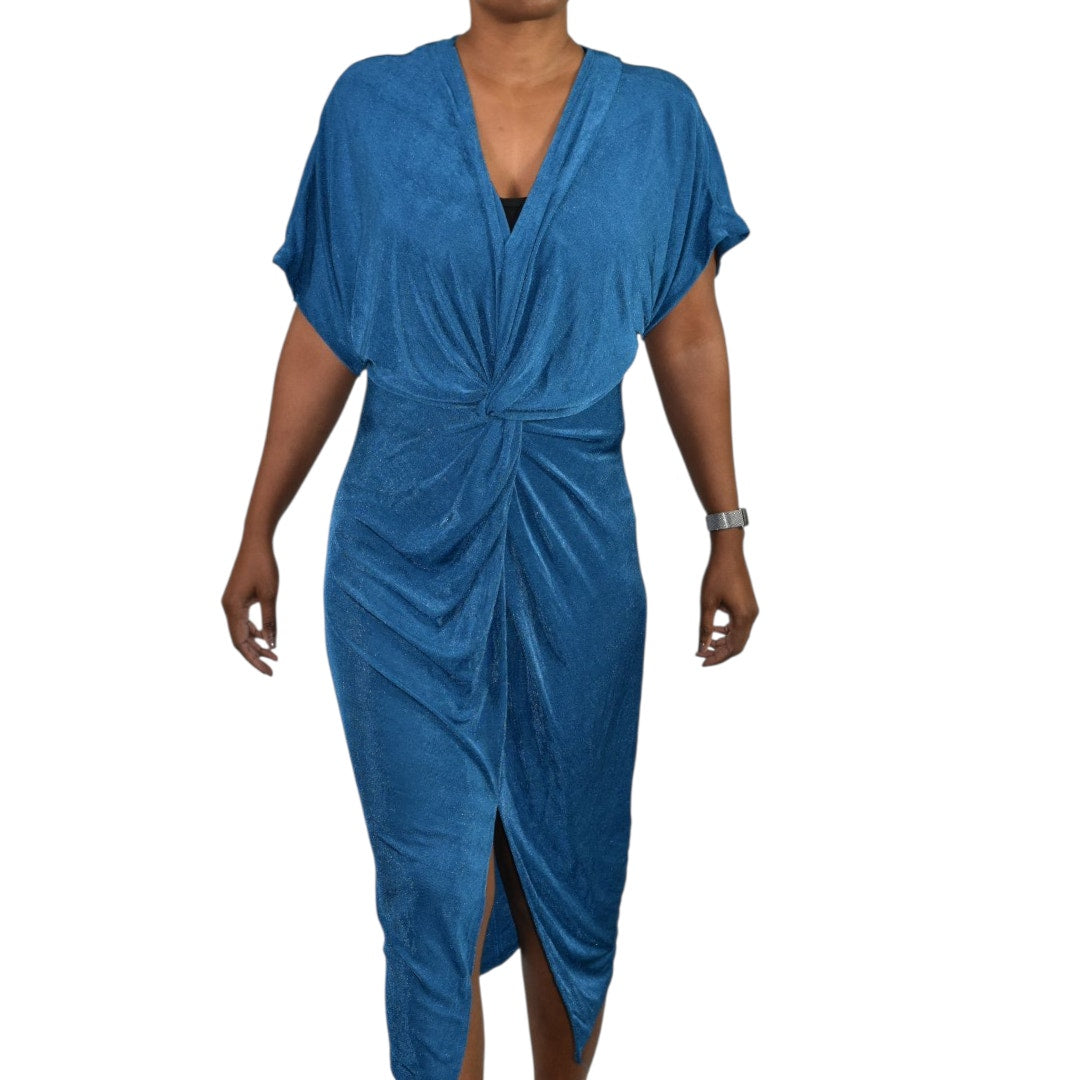 Floerns Dress Teal Blue Jersey Midi Ruched Knot Front Slit Shimmer Stretch Draped XL