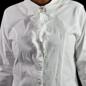 Back in the Saddle White Shirt Equestrian Cowgirl Collared Button Front Ruffled Fitted Tailored Large