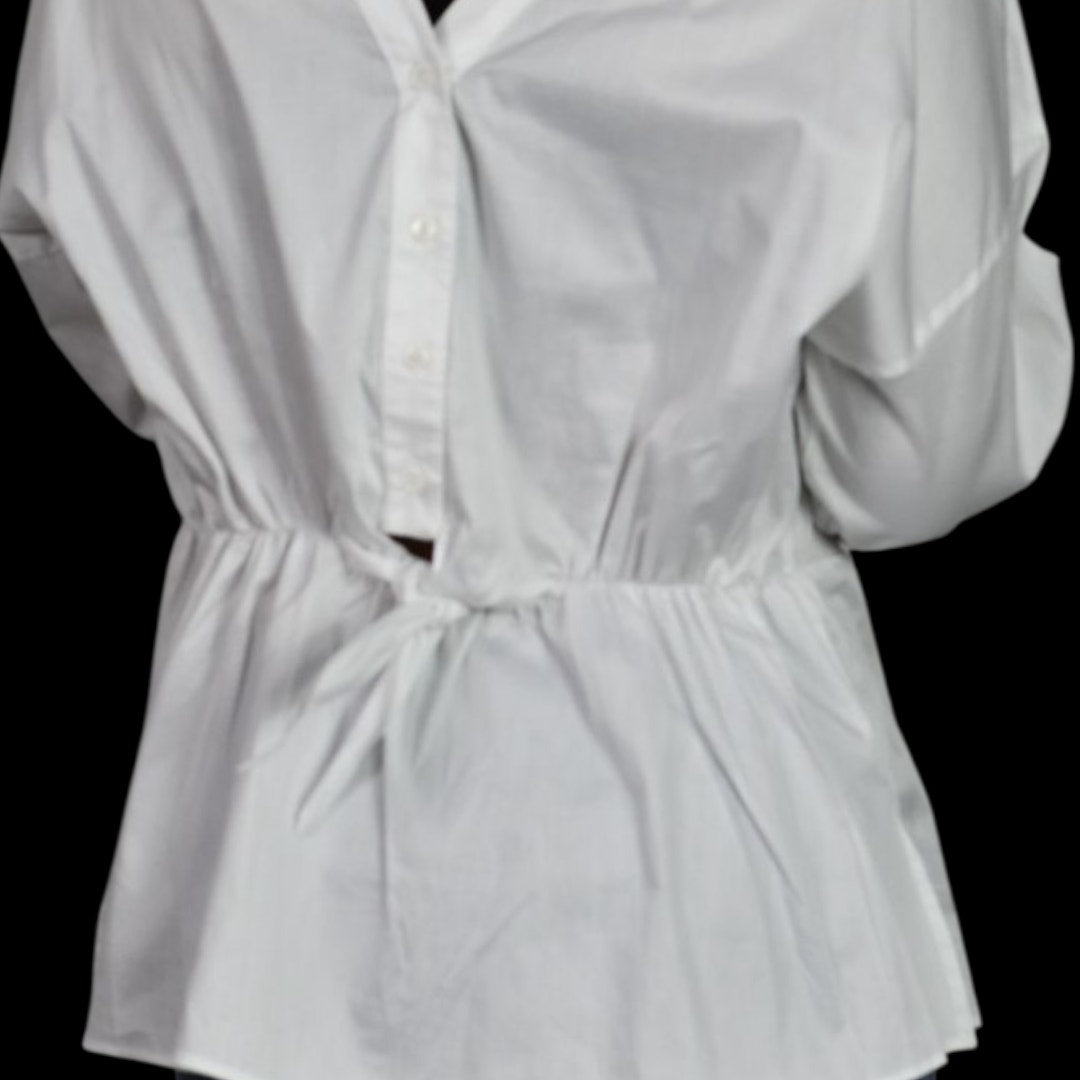 Harshman Anthropologie Cotton Blouse White Shirt Tie Button Back Oversized Backwards Small
