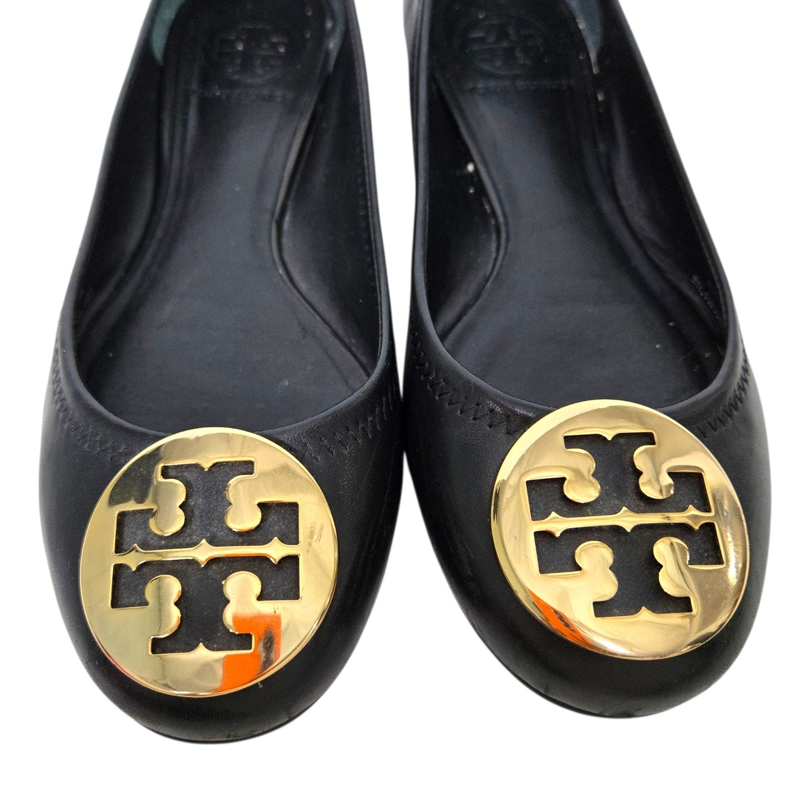 Tory Burch Reva Mestico Ballet Flats Black Leather Round Toe Logo Medallion 6