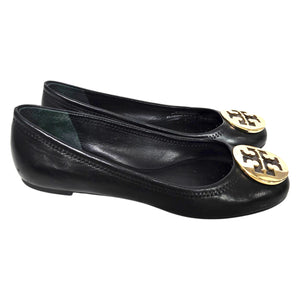 Tory Burch Reva Mestico Ballet Flats Black Leather Round Toe Logo Medallion 6