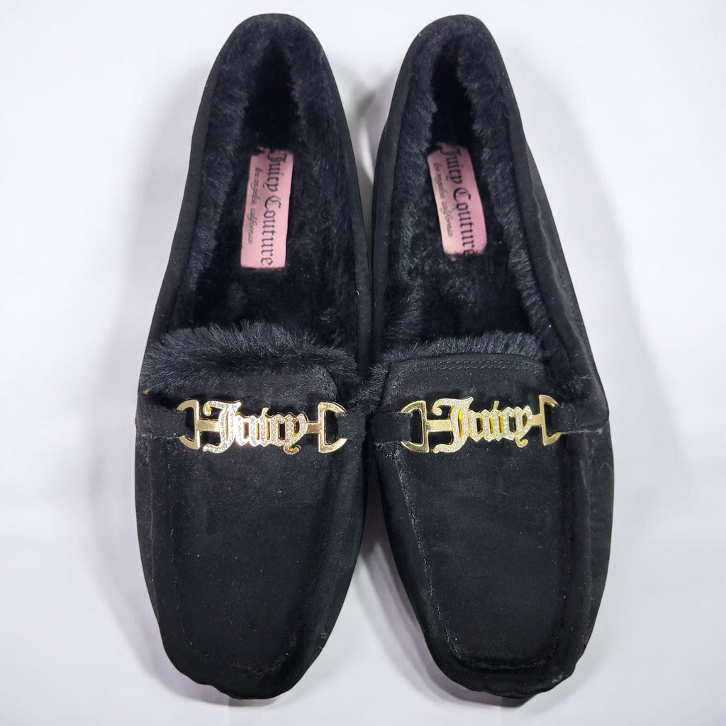 Juicy Couture Intoit Moccasin Slippers Black Logo Script Faux Fur Bling Crystals Loafer Flats Size 8