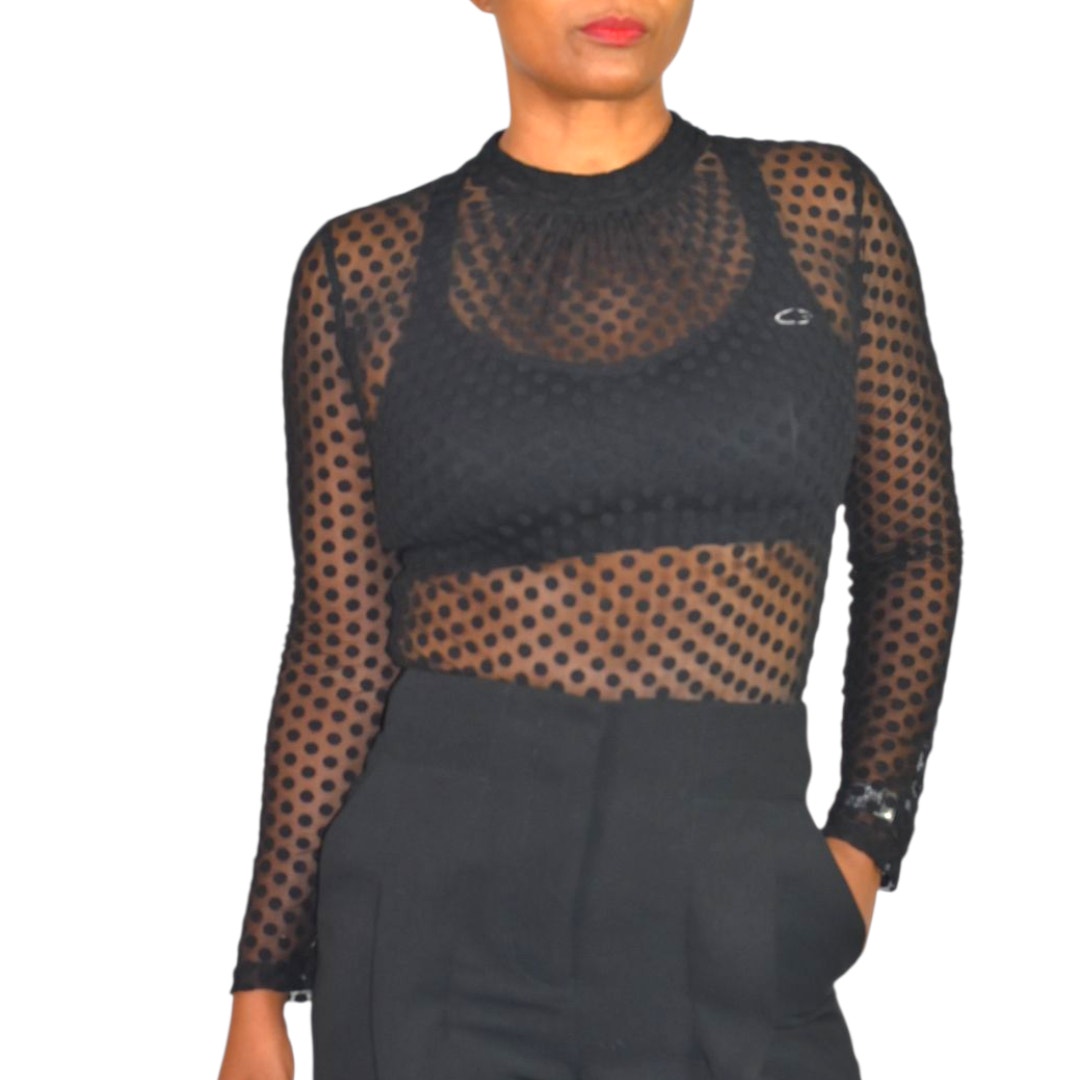 Windsor Sheer Bodysuit Black Flocked Polka Dot Mock Mesh Neck Long Sleeves Top Small