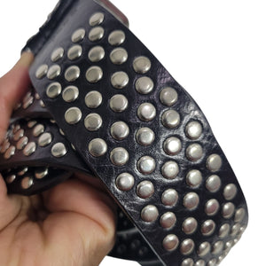 Guess Studded Leather Belt Silver Rivet Black Brass Buckle Edgy Moto Biker Large