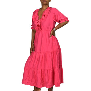 Zara Frilly Dress Pink Bright Hot Fuchsia Midi Tiered Romantic Girly Ruffle Neck Large