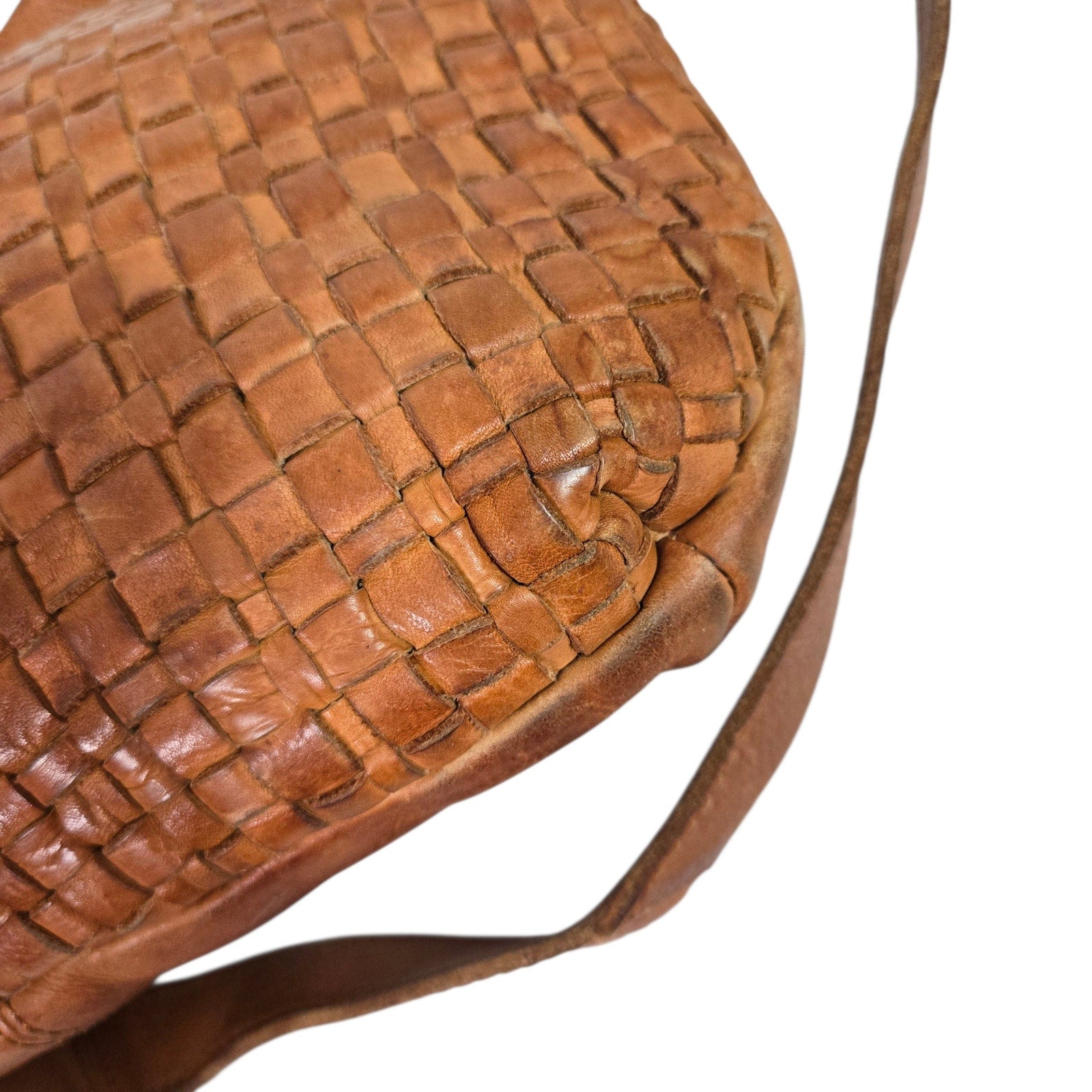Vilenca Holland Leather Bag Brown Cognac Woven Leather Adjustable Shoulder Crossbody Soft Slouchy