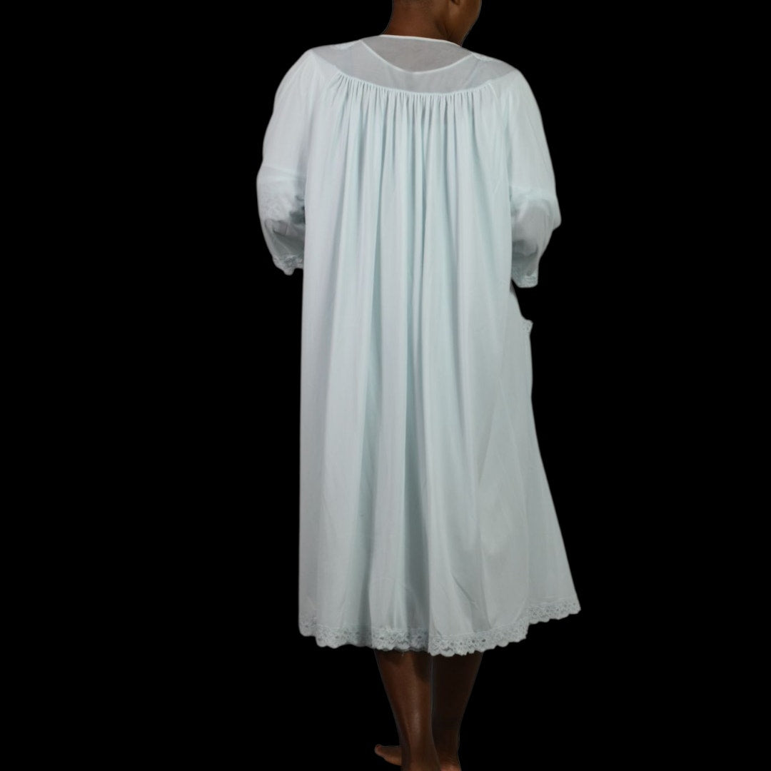 Vintage Shadowline Peignoir Set Blue Baby Powder Chiffon Sheer Nylon Negligee Gown Robe XL