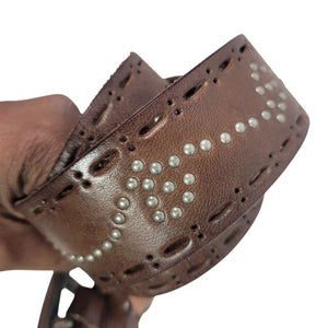 Guess Studded Leather Brown Belt Square Buckle Western Studded Perforated Y2K Vintage Medium