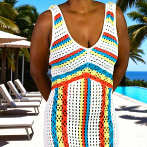 Solid Striped Aubrey Crochet Maxi Cover Up Dress White Rainbow Vertical Stripe Knit Small