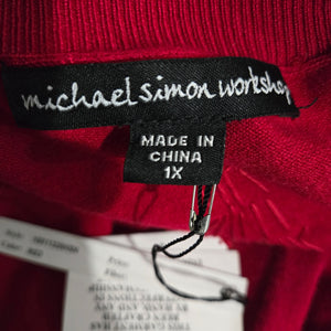 Michael Simon Cardigan Sweater Red Duster Beaded Christmas Trees Asymmetric Cotton Plus 1X
