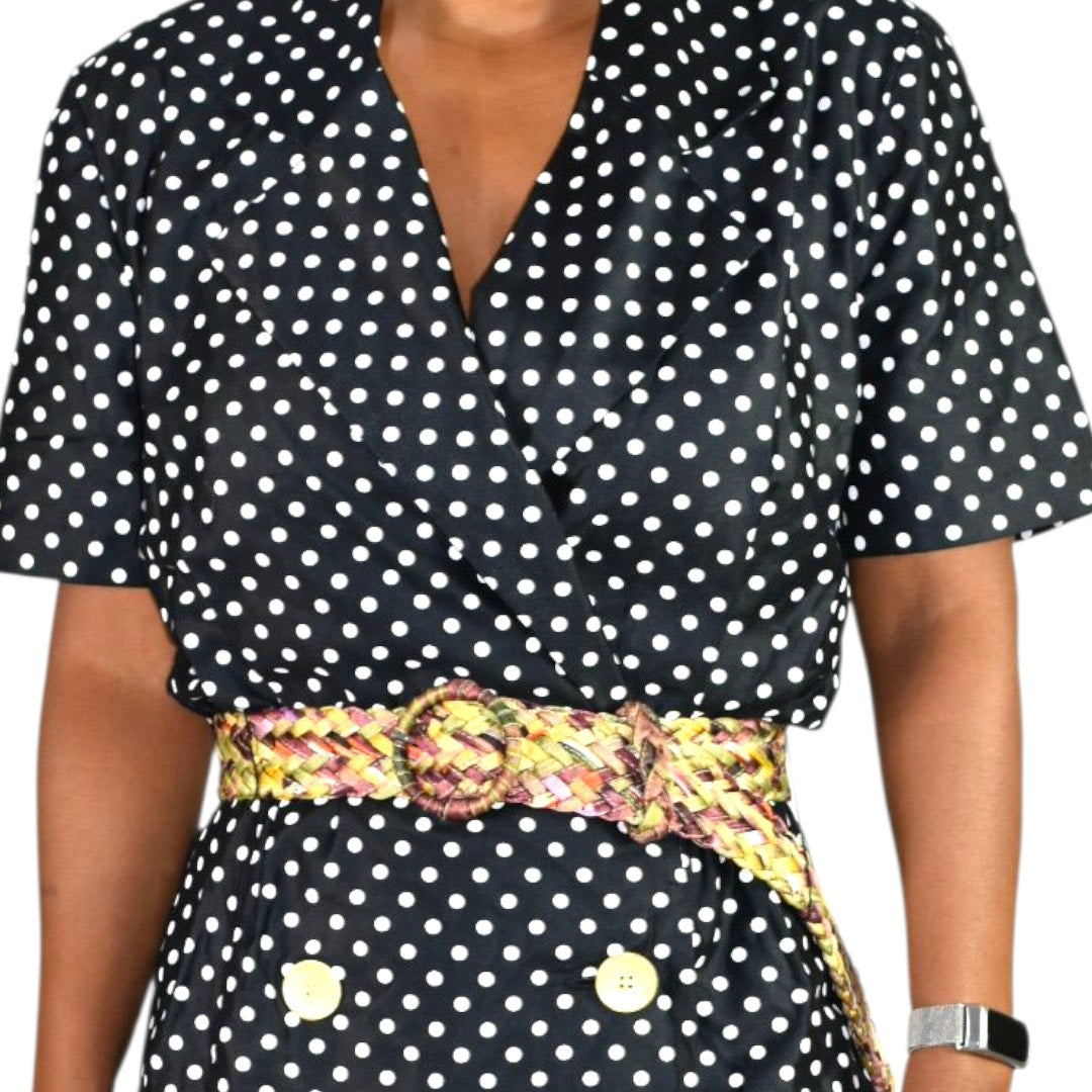 Vintage SG Gilbert Polka Dot Dress Black White Notched Collar Shirtdress Double Breasted 8