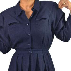 Blue Berry Retro Office Midi Dress Blue Navy Shirt Shoulder Pads Collar Pleated Small 2 4