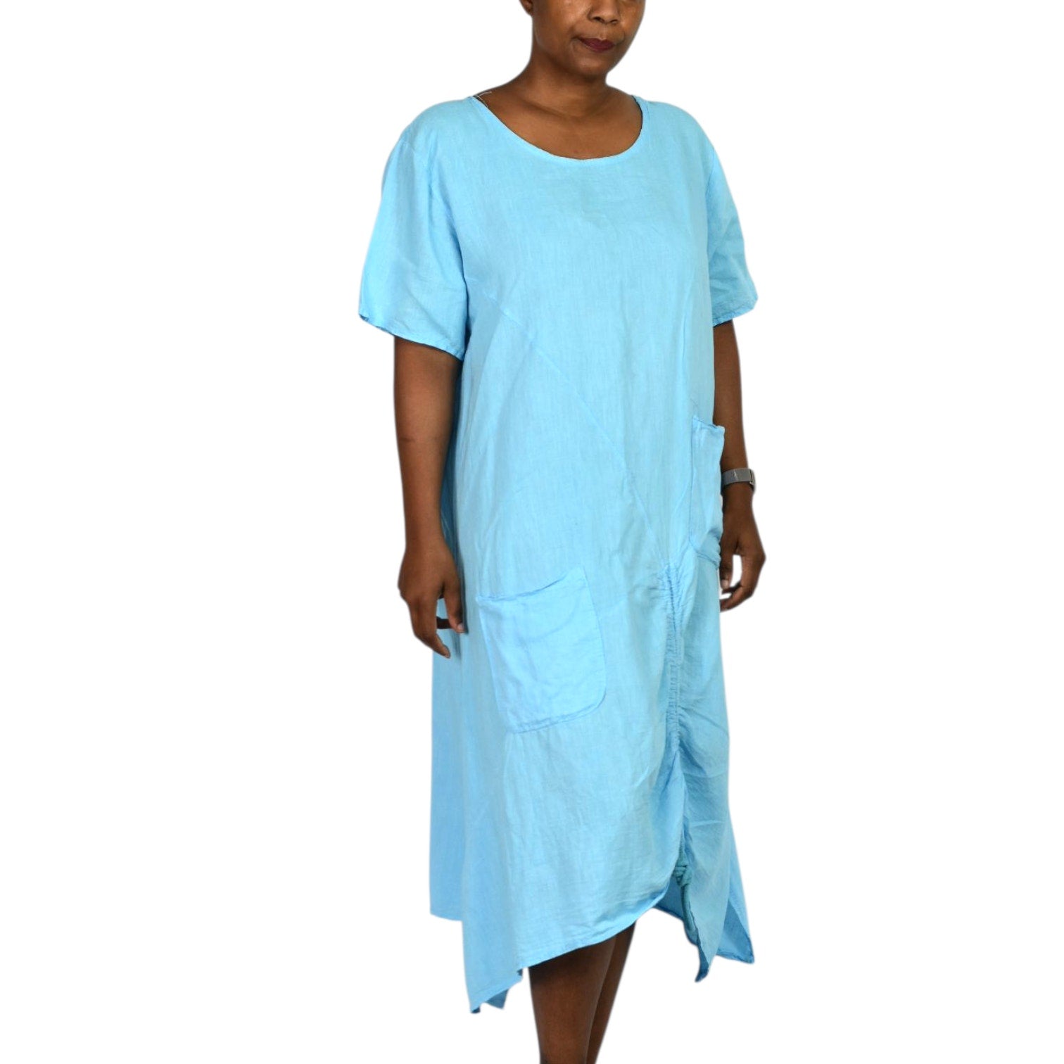 Fenella Linen Dress Blue Crinkled Lagenlook Ruched Pockets Italian Asymmetric Pockets One Size S M L XL