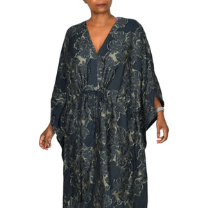 Billy Reid Juniper Jacquard Kaftan Dress Blue Floral Long Oversized Patio Muumuu Caftan Fringe Medium Large M L