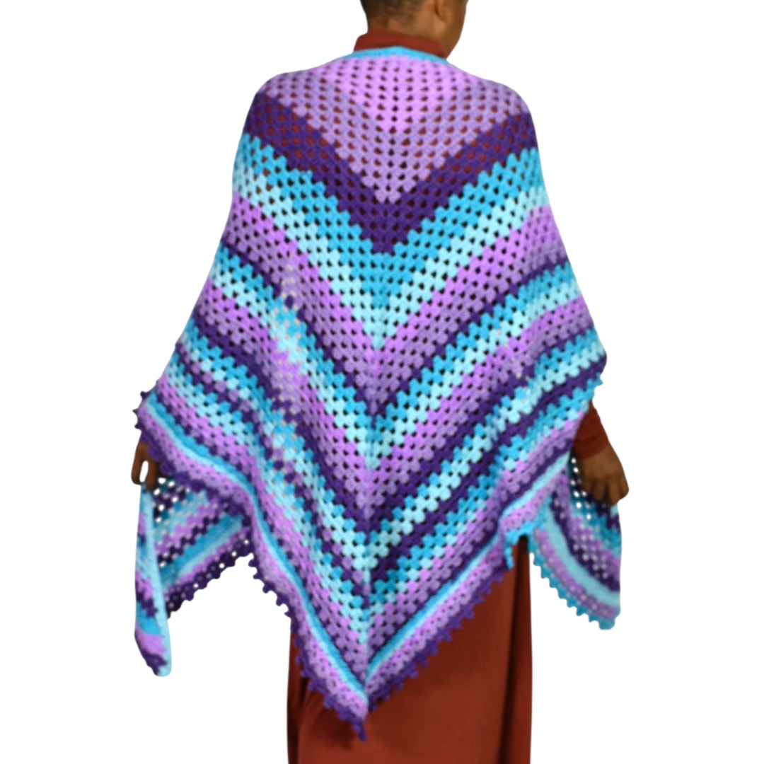 Hand Knit Crochet Shawl Blue Purple Ombre Blanket Wrap Triangle Granny Squares Vintage Afghan One Size S M L