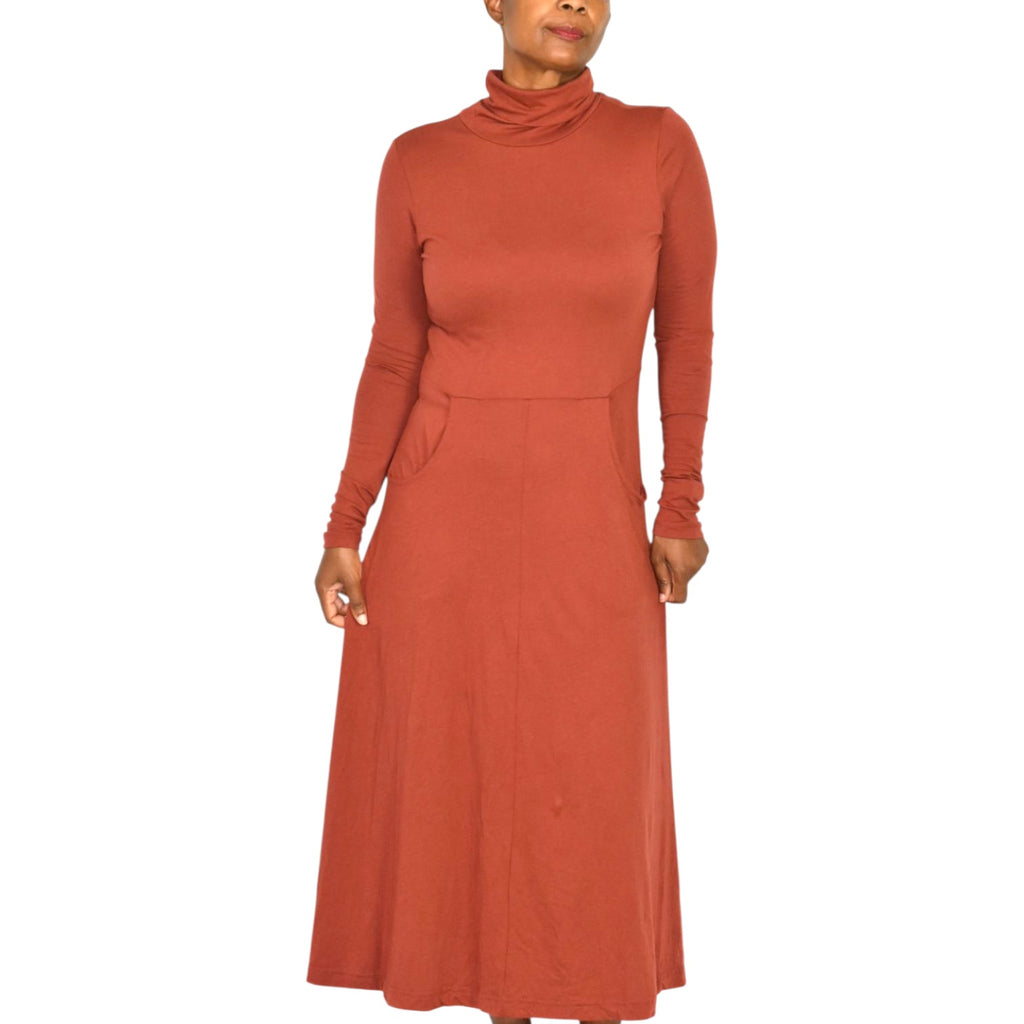 Peruvian Connection Haley Turtleneck Dress Burnt Sierra Orange Cotton Modal Midi Jersey Long Sleeve Stretch Small