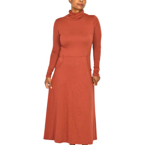 Peruvian Connection Haley Turtleneck Dress Burnt Sierra Orange Cotton Modal Midi Jersey Long Sleeve Stretch Small