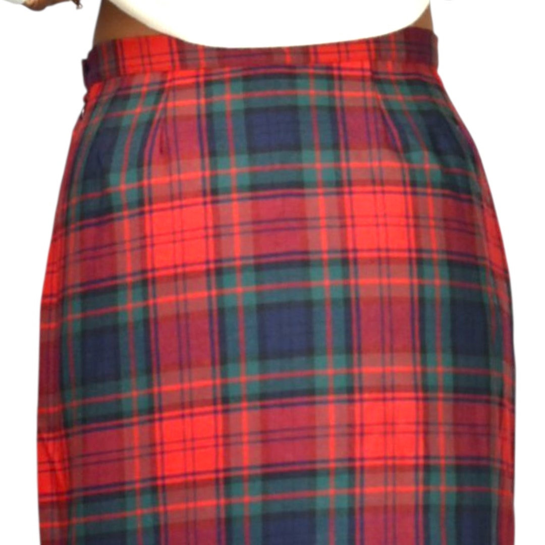 Vintage Rafaella Sport Tartan Maxi Skirt Red Plaid Check Fringe Slit Wool Long Straight Column 8