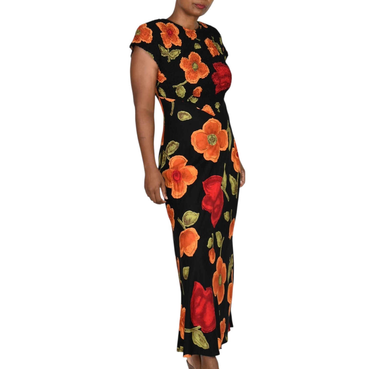 Jeffrey Dara Vintage Floral Maxi Dress Black Floral Flowers Rayon Shoulder Pads Column Deadstock 8 Medium