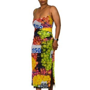 Zara Fruit Print Mesh Midi Dress Black Multicolor Ruched Fruitcore Med –  The Thriftanista Closet