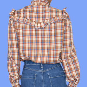 Vintage Plaid Ruffle Blouse Brown Victorian High Neck Shirt Homemade Yoked Small