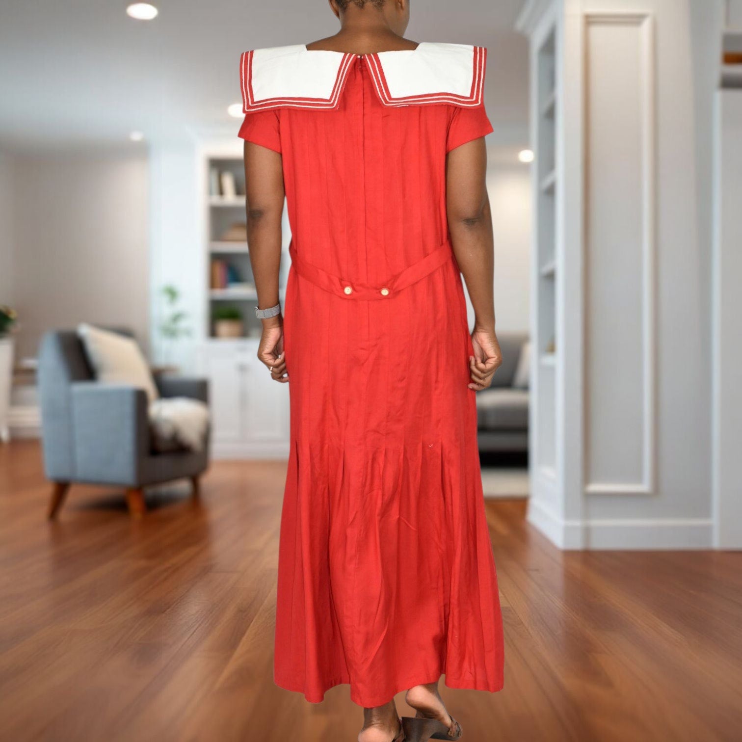Vintage Sarah Elizabeth Sailor Collar Maxi Dress Red White Nautical Rayon Column Pleated Retro Flapper Medium