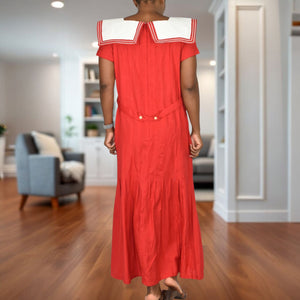 Vintage Sarah Elizabeth Sailor Collar Maxi Dress Red White Nautical Rayon Column Pleated Retro Flapper Medium