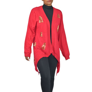 Michael Simon Cardigan Sweater Red Duster Beaded Christmas Trees Asymmetric Cotton Plus 1X