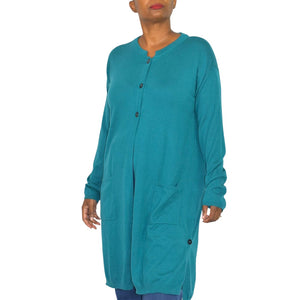 J Jill Longline Cardigan Sweater Green Teal Blue Long Duster Knit Classic Medium
