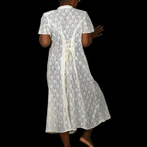 Vintage CW Rose Lace Midi Dress White Ivory Button Front Short Sleeve 80s Sheer Corset Lacing Medium