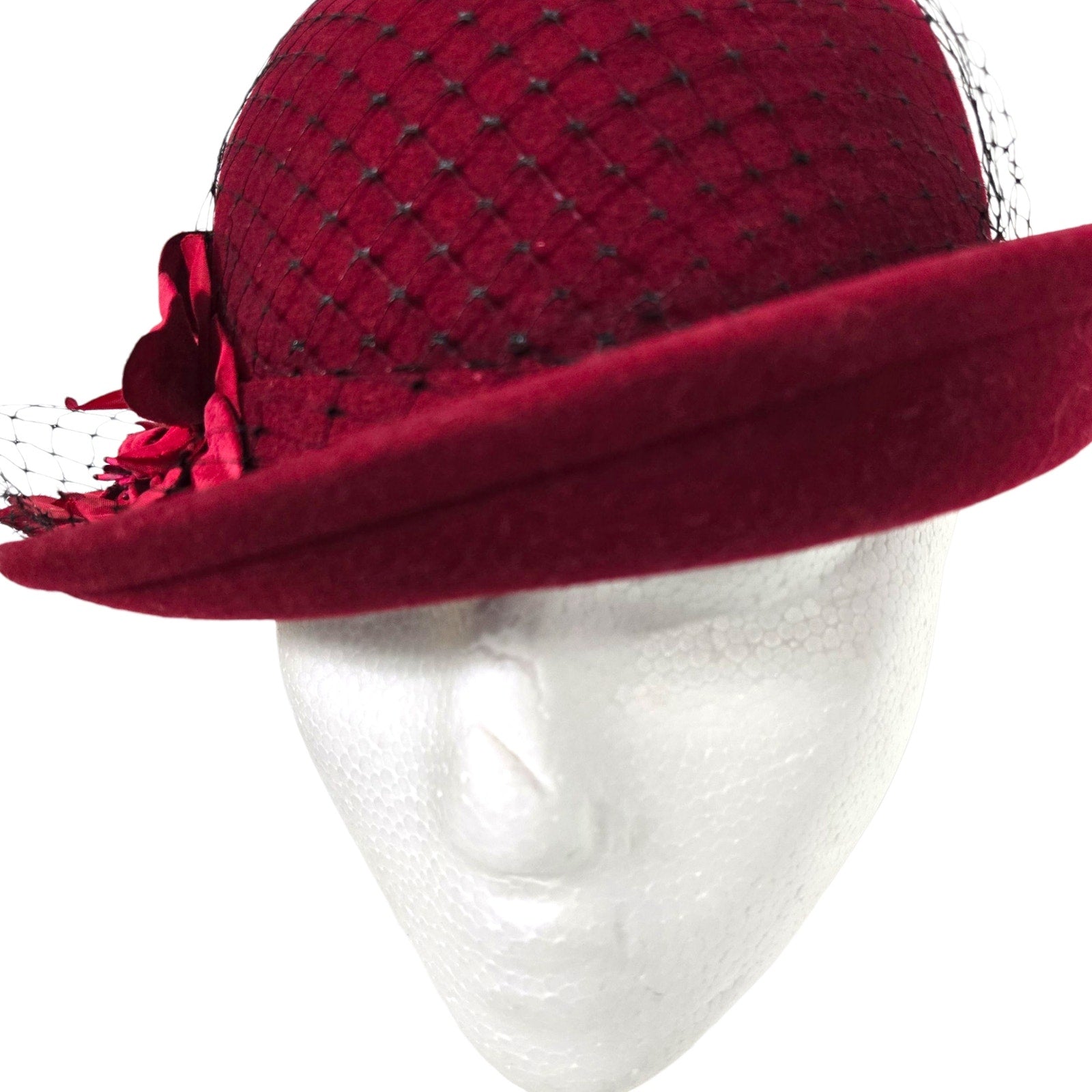 Vintage Betmar Cloche Hat Red Felt Wool Brim Winter Dressy USA Veil Flowers 40s 50s Style Fascinator Small