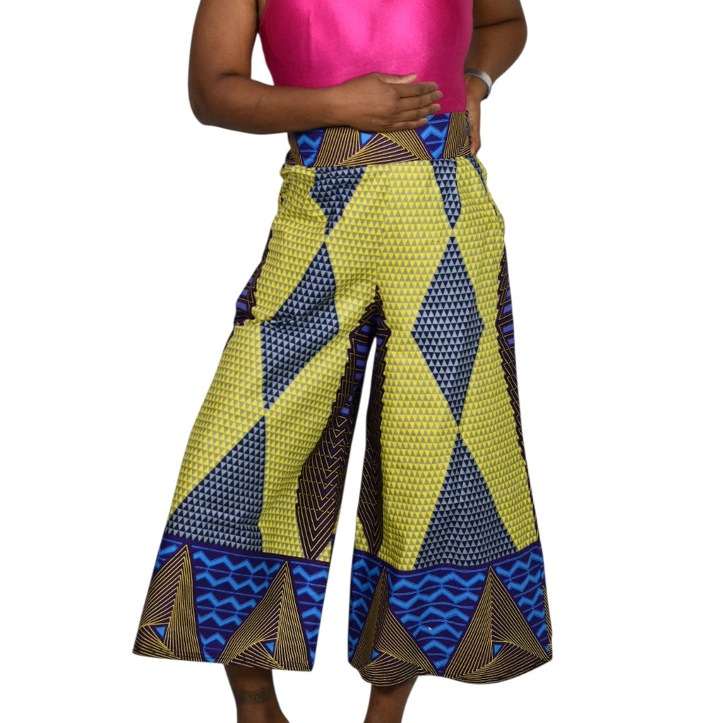 Grass Fields Ankara Wide Leg Crop Pants Yellow Culottes Gaucho African Print Small Medium